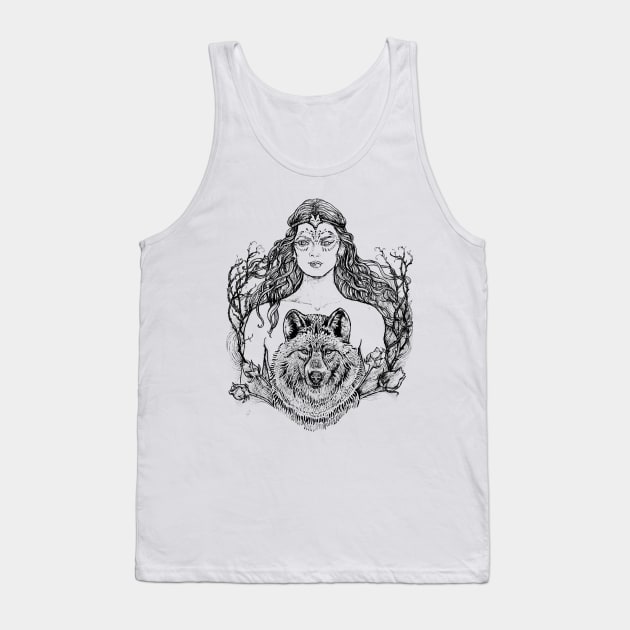 Woman with Wolf - Black and White Drawing Tank Top by FanitsaArt